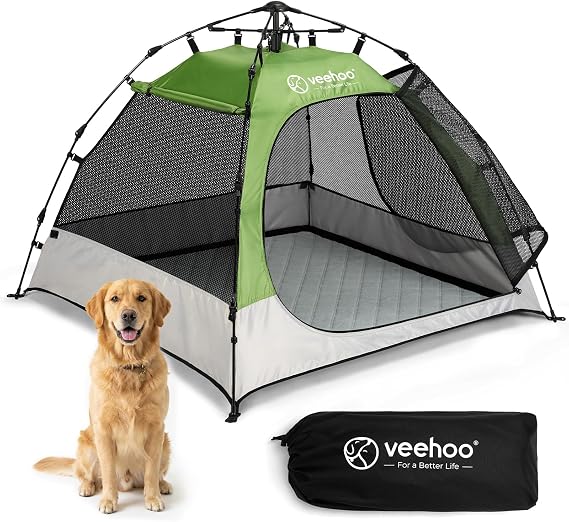 Veehoo Pop Up Dog Tent House for Indoor Outdoor, Portable & Waterproof Dog Canopy Shelter with Cool Mesh, Foldable Automatic Pet Tent for Dogs with Camping Mat and Bag for Large & Extra Large Dogs