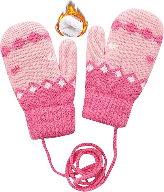 Toddler Kids Knit Mittens for Girls Boys, Winter Gloves Doulbe Layer Thick Fleece Lining with String for Cold Weather
