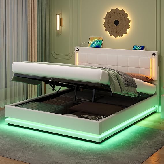 5ft King Size Bed Frame Upholstered Bed Frame with Hydraulic Lift&LED Lighting&Charging Station, Velvet Functional Ottoman Storage Bed with Adjustable Square Tufted Headboard&Slats, No Mattress, Beige