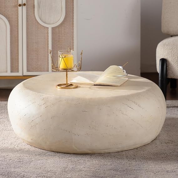 Round Coffee Table Faux Stone Center Table for Living Room, Modern MgO Coffee Table for Apartment Garden Backyard Balcony Indoor Outdoor