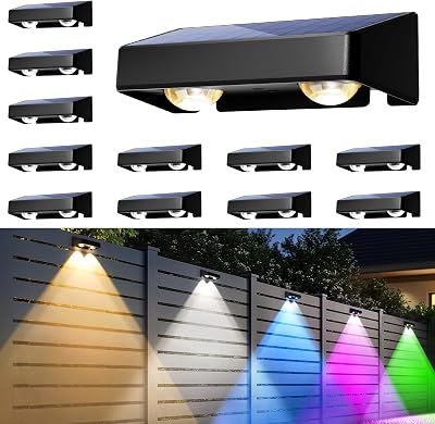 Solar Fence Lights Outdoor, Solar Wall Lights 9 Fixed Colors ＆ Color Changing Modern Solar Powered Deck Lights for Halloween Step Stair Patio Backyard Porch Railing decor, IP65 Waterproof 12 Pack