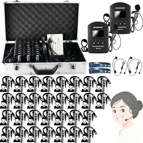 EXMAX EXD-6824 2.4G Hands-free Audio Tour Guide System with 9999 Channel ID for Interpreter to Simultaneous Interpretation,for Tour Guide to travel (2 Transmitters 30 Receivers & 32-slot Charge Case)