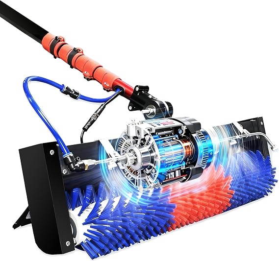 Solar Panel Cleaning Brush with 24ft Extendable Carbon Fiber Pole Dual Power (Battery & AC), 400 RPM Rotating Brush for Rooftop & Ground Use, Adjustable Telescopic Pole