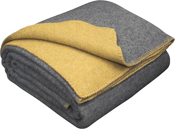 Merino Wool Blanket for Twin Bed & Couch, Reversible Warm Throw, 59 x 85 in | Wool Blankets, 80% Merino, 20% Nylon, OEKO-TEX. Soft Bedspread for Bed, Sofa, Bedroom, Cabin, All-Season | Gray - Mustard