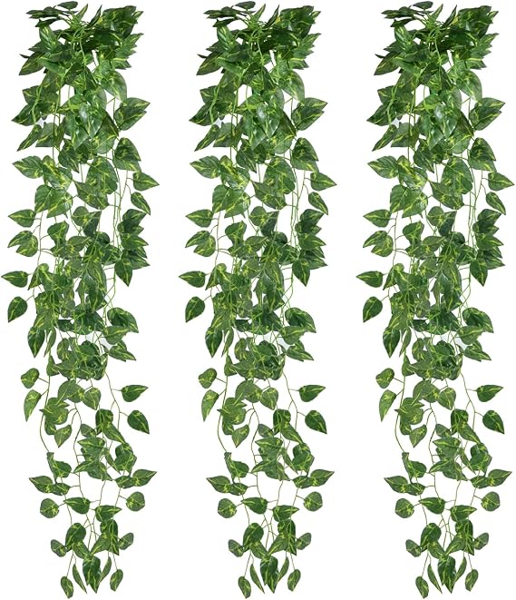 3 Pcs Artificial Fake Hanging Plants Vines, Faux Pothos Vines Hanging Greenery for Wall Room Home Indoor Outdoor Decor