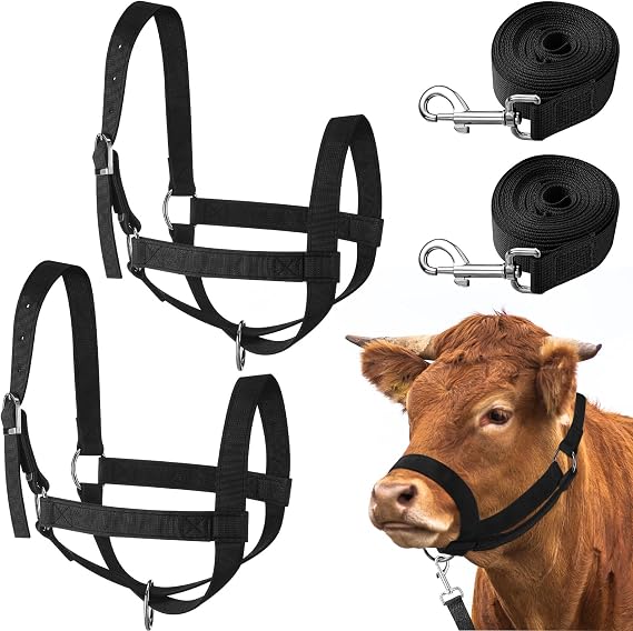 Windyun 2 Pieces Nylon Cow Halter with 2 Pieces Leading Rope Adjustable Foal Halter Horse Calf Harness for Donkey Cattle Goat Training(Black)