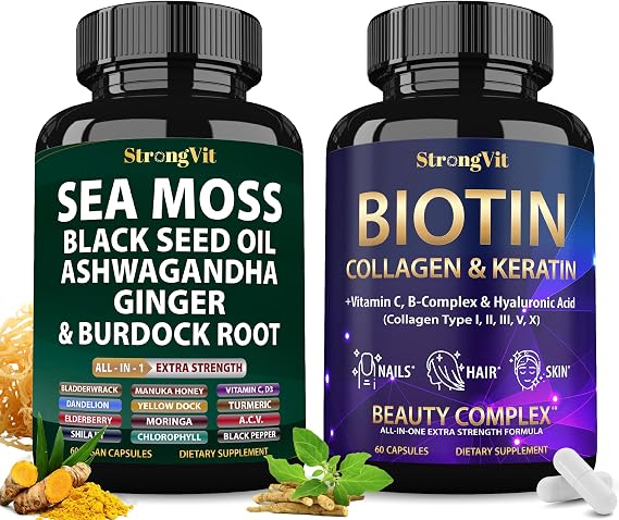 StrongVit Sea Moss Supplement & Biotin Complex Bundle (120 Capsules)