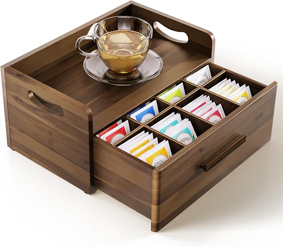 TINAMO Acacia Wooden Tea Box Organizer with Drawer for Countertop Display | Solid Acacia Wood, No assembly, Holds up to 100 tea bags, Non-slip, Smooth-Glide Minimalist Pulls, Portable carrying handle