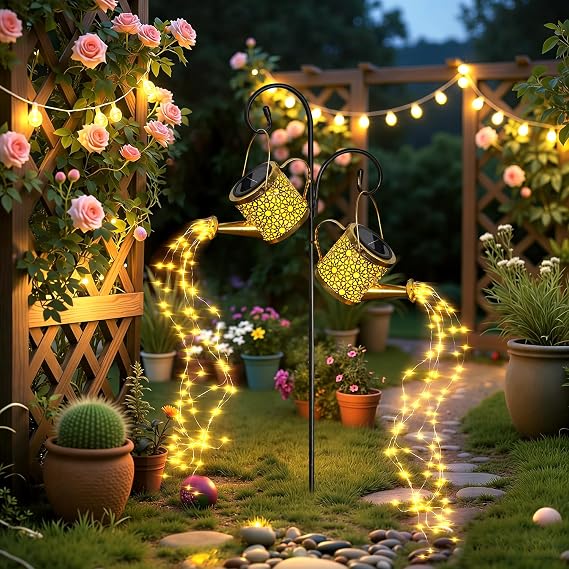 2 Pack Solar Lights Outdoor Garden Ornaments,Led Solar String Light Waterproof Metal Hanging Watering Can Lantern for Patio Yard Pathway Decoration,Gardening Gifts for Mom Grandma Women Birthday [Energy Class A]