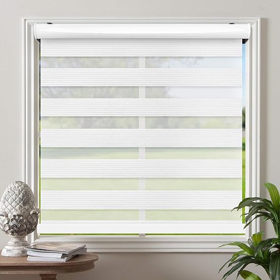 Biltek Cordless Zebra Window Blinds with Modern Design - Roller Shades w/Dual Layers - Solid & Sheer Shades for Transparency/Privacy - Great for Home, Office, Kitchen, Bathroom - White, 52" W X 72" H
