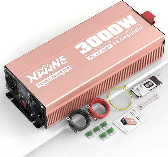 XWJNE Pure Sine Wave Inverter with 3000W/6000W, 12V to 230V, 2 AC Outlets, 1 USB Outlet, 1 USB-C Outlet, Remote Control and LED Display, Suitable for Cars, Motorhomes and Trucks