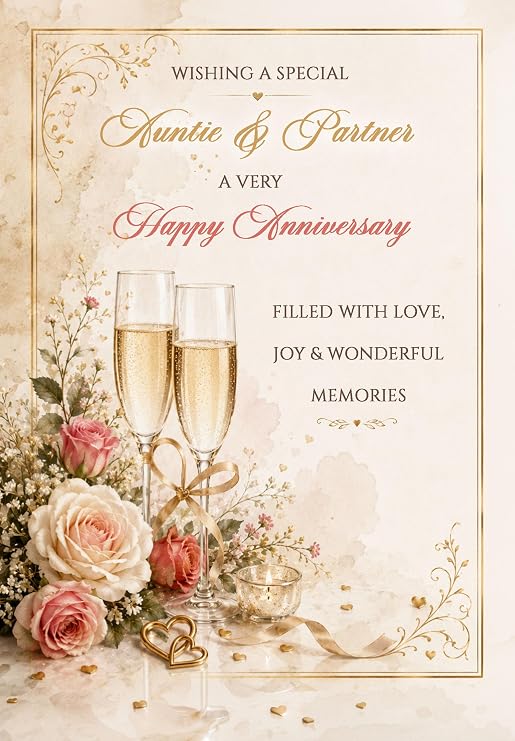 Auntie & Partner Anniversary Card - Personalise with Any Relation & Year - Congratulations Champagne Glasses Design - LUXURY TEXTURED CARD - POSTED SAME DAY - FULL COLOUR INSIDE!