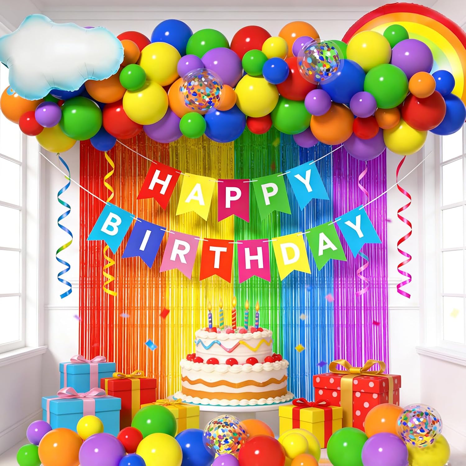 Rainbow Party Decorations Set - Includes Birthday Banner, Foil Fringe Curtains, Rainbow Balloon Arch Kit & Foil Balloons for Kids Birthday, Bridal or Baby Shower Decorations