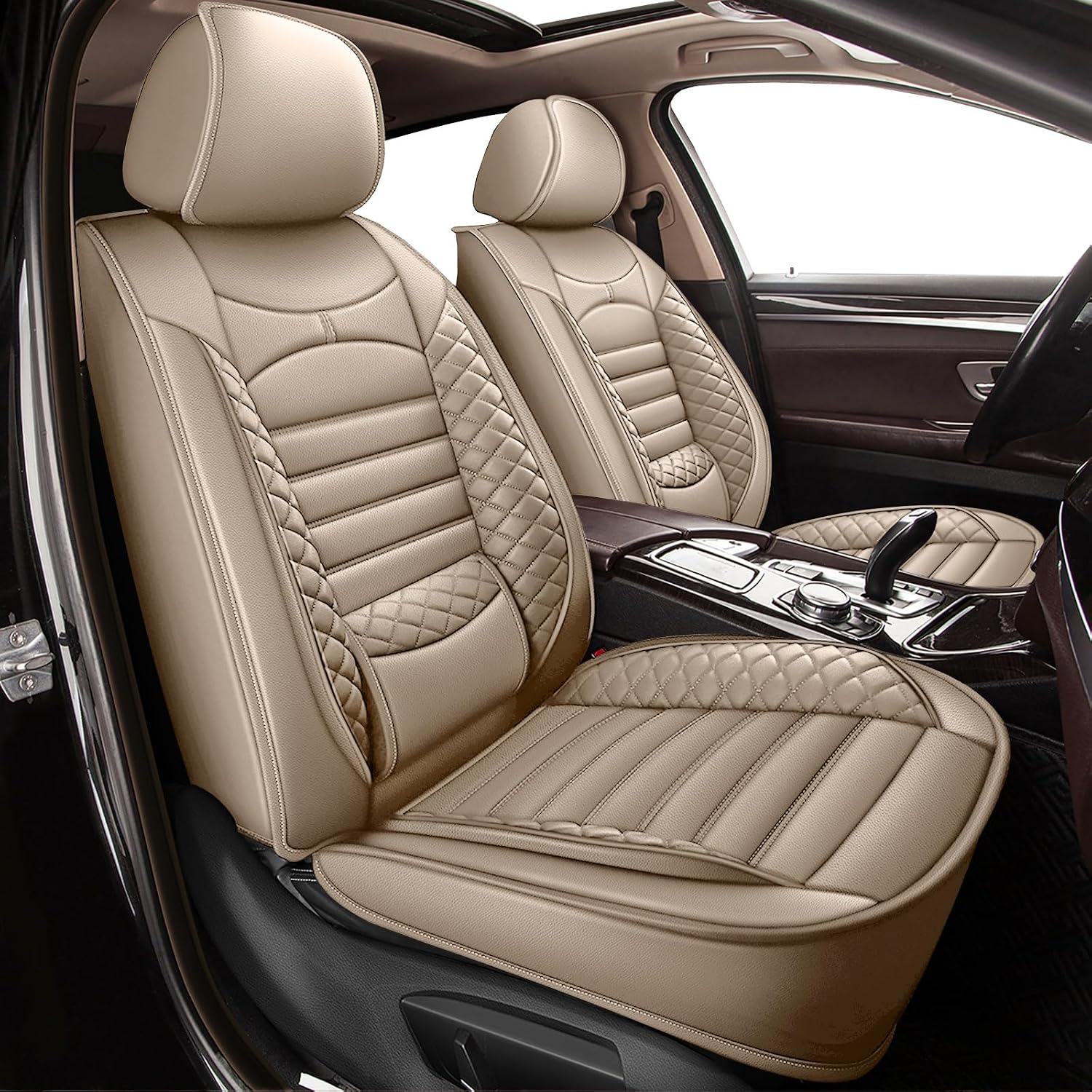 2 Front Seat Covers for Nissan Altima 2009-2025: Faux Leather Soft Comfortable Durable Waterproof2 Front Seats, Beige