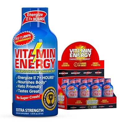 Vitamin Energy B12 11,000% Extra Strength Energy Shot Acai Pomegranate 8 Pack, 260mg Natural Caffeine, B12 & B6, Nootropic Focus, Vitality, Zero Sugar, Gluten-Free, Vegan, Kosher, 1.93 fl oz