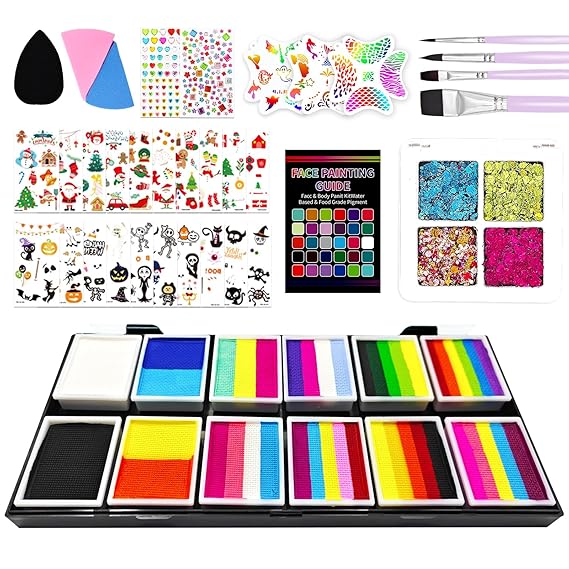 Face Painting Kit for Kids,12x10g Split Cake Face Paint Palette | Non-Toxic Hypoallergenic Water Activated Rainbow Face & Body Paint with Stencils | Halloween, Christmas, Party Makeup