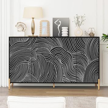 Sideboard Buffet Cabinet with Storage,Carved 4 - Door Sideboard with Black - and - White Lines,Storage Cabinet with Adjustable Shelf for Diningroom,Bathroom, Kitchen, Study Room