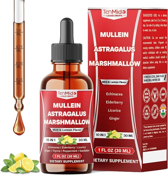 10in1 Mullein Tincture - Mullein Leaf Extract Drops with Astragalus, Marshmallow Root, Echinacea, Elderberry, Licorice, Ginger, Thyme Leaf, Peppermint and Dandelion - 30 Days Supply - 1FL Oz