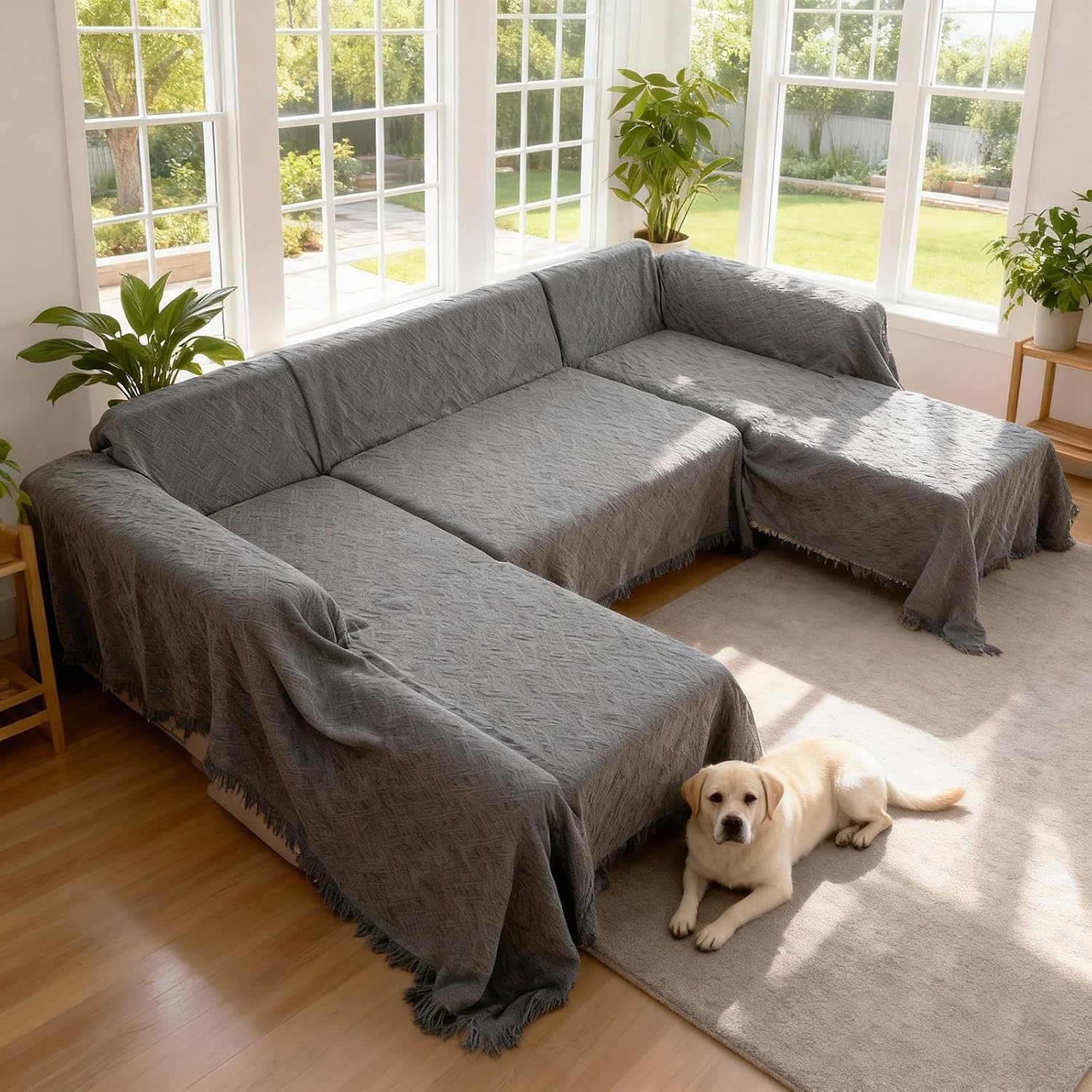 U Shaped Sofa Cover Sectional Couch Covers (Dark Grey)