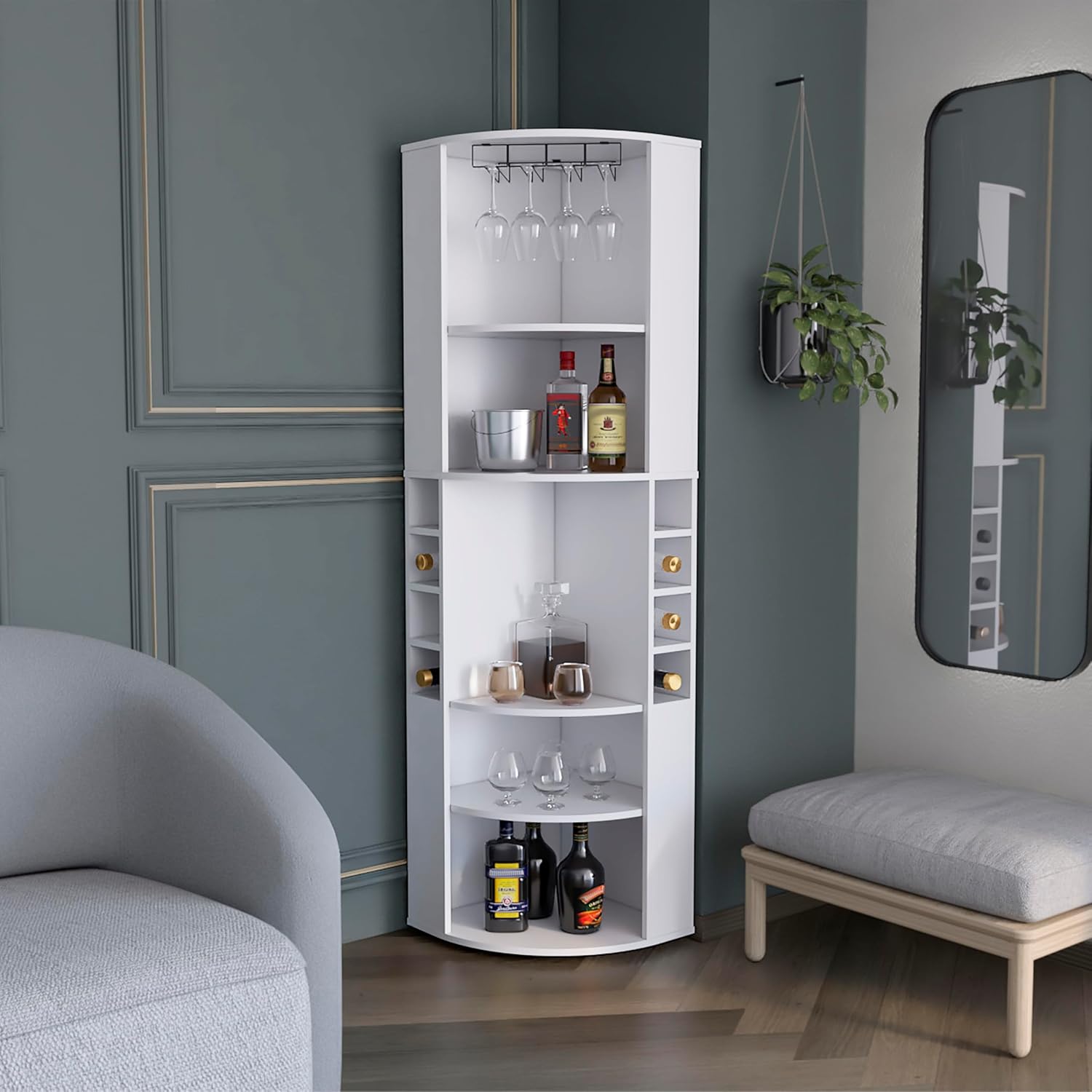 Stylish Oban Corner Bar Cabinet with Five Shelves and Eight Bottle Cubbies for Organized Storage, Suitable for Kitchen