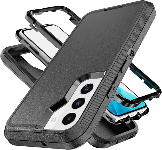 YmhxcY Galaxy S22 Case, Drop Proof 3-Layer Durable Cover/Shockproof Armor Drop Protection Solid Rubber Case for Samsung Galaxy S22 - Black