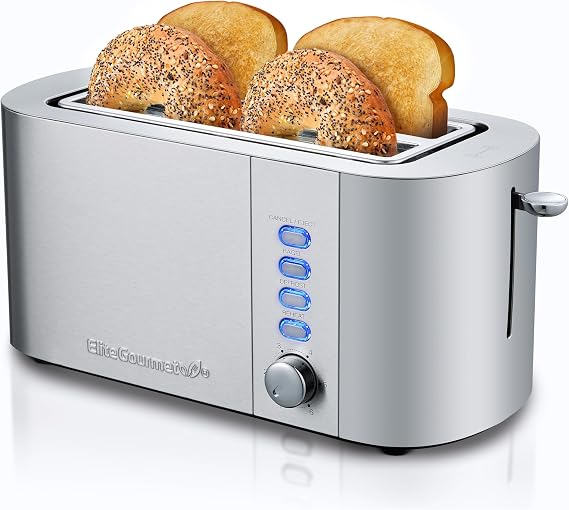 Elite Gourmet 4-Slice Long Slot Toaster, 1.5" Wide & 5.1" Deep Slots