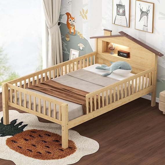 Twin Size Wood Platform Bed with House-Shaped Headboard and Built-in Storage& Light, Kids Platform Bed Frame with Safety Guardrail for Girls & Boys Bedroom (Natural-8.12, Twin)