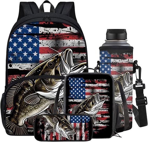 Horeset American Flag Print Backpack Set for Boys Kids with Pencil Case Picnic Lunch Box Water Bottle Sling Bag, Front Pocket Fish Pattern School Bag Elementary School Rucksack - 4 in 1