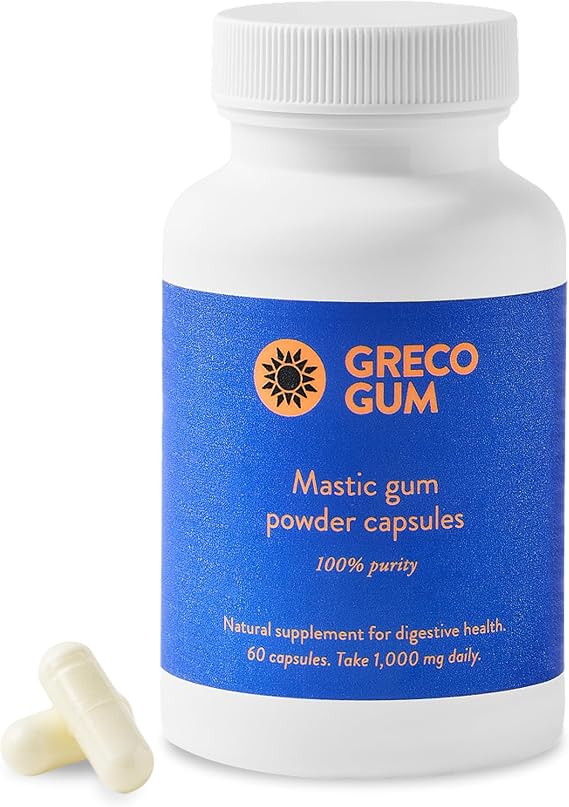 Mastic Gum Capsules 500 mg Greek Chios Mastiha Supplement for Gut Health, Digestive Support and Bloating Relief Pure Mastic Gum Powder Vegan, Gluten-Free, No Fillers 60 Count