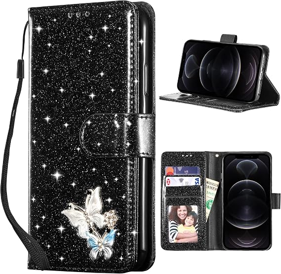 UEEBAI Wallet Case for iPhone 14 Pro Max, Glitter PU Leather Phone Cover Card Slots Kickstand Wallet Magnetic Closure Bling Flip Case Shockproof Hand Strap Flip Cover - Black