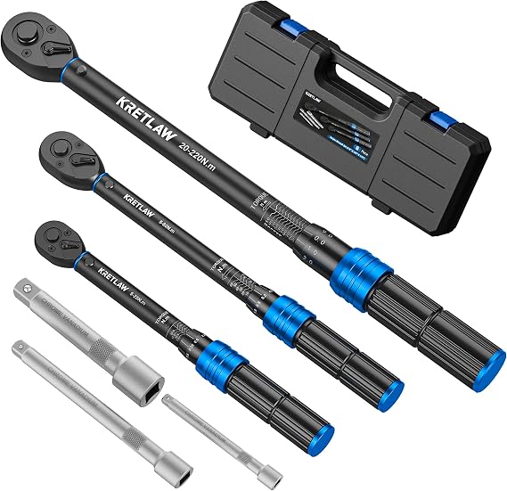 KRETLAW Torque Wrench 1/2" & 3/8" & 1/4", 6-Piece Reversible 72-Tooth Ratchet Torque Wrench Set, 20-220Nm, 5-60Nm, 5-25Nm Torque Wrenches with ±3% Accuracy, 3 Extensions for Bike, Motorcycle