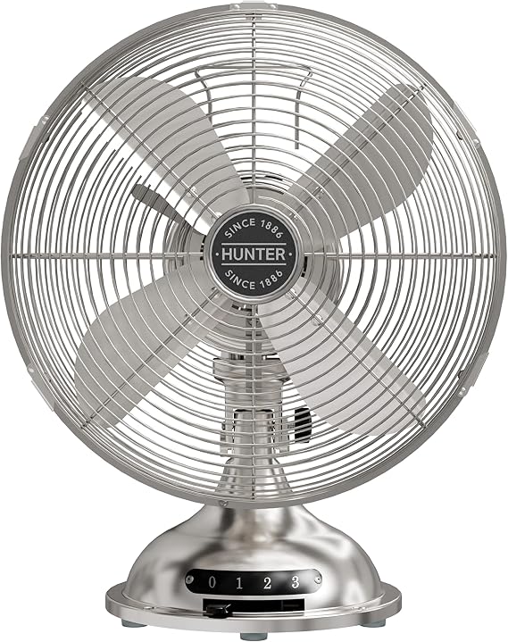 Hunter Classic D12 Portable Desk Fan 12 inch, 3 Speed, Brushed Nickel, 97315