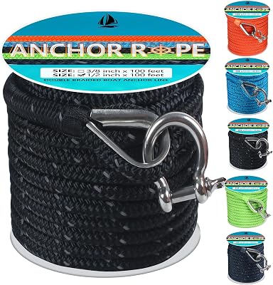 Anchor Rope 100 FT 12 in, Double Braided Anchor Line with 316 Stainless Steel Thimble & Shackle, Boat Anchor Rope Ideal for Towing, Mooring, Deck, Anchoring, Boats Up to 35 - Black
