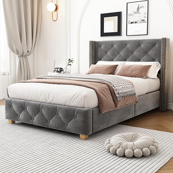 ModernLuxe Upholstered 3FT Single Bed, Elegant Bed Frame with Reinforced Slatted Base, Classic Button-Tufted Headboard, Stylish Rivet Upholstery Detailing, Wooden Legs, Velvet, Grey, 90x190cm
