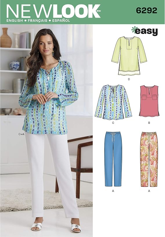 New Look Sewing Pattern 6292: Misses' Tunic or Top and Pull-on Pants, Paper, White, Size: A (10-12-14-16-18-20-22)