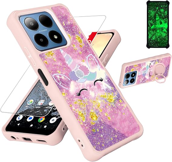 for Boost Summit 5G Case Compatible with Boost Mobile Summit 5G Phone Case Cover [with Tempered Glass Screen Protector][Hard PC + Soft Silicone][Ring Support] [Gold Glitter+Luminous] JSF-DJS