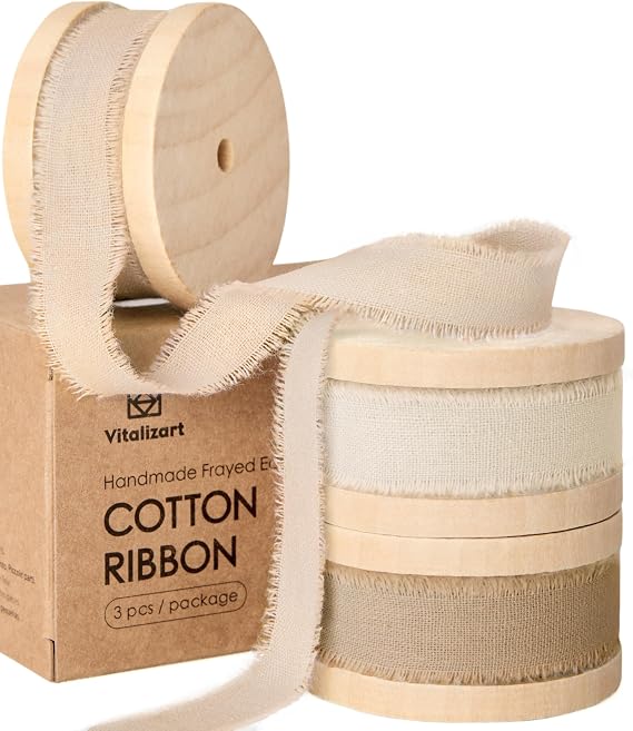 Vitalizart Cotton Ribbon 5/8" x 21 Yds Handmade Frayed Fringe Nude & Ivory