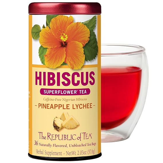 The Republic of Tea Pineapple Lychee Hibiscus Herbal Tea, 36 Count | Caffeine Free. Suitable for day or evening sipping. Bright and tart with notes of juicy fruit. Gluten Free and Carb Free.