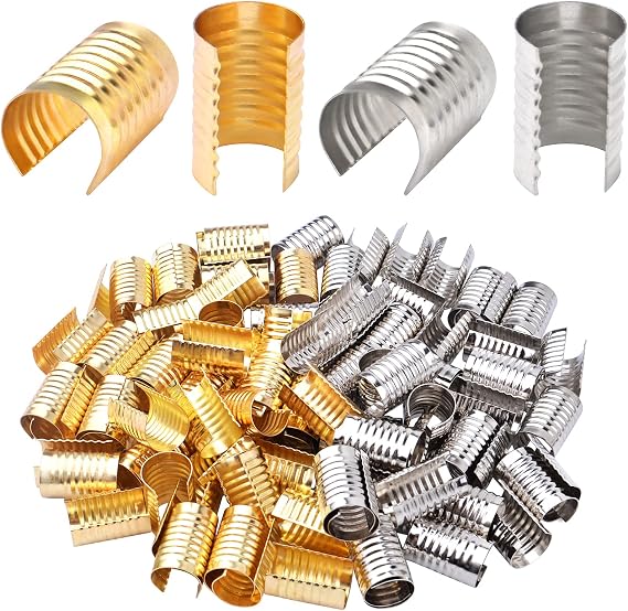 100pcs Leather Rope Clips Foldable Metal Round Fastener Crimping Cord String Leather Cord Clamp for DIY Handmade Necklace Crafts Jewelry Making Findings, Light Golden and Silver, 14.1 mm x 9 mm