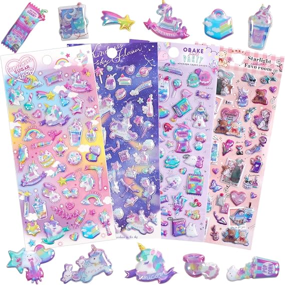 SHANGRLA 3D Puffy Unicorns and Rainbow Stickers for Girls & Kids, 4 Sheets