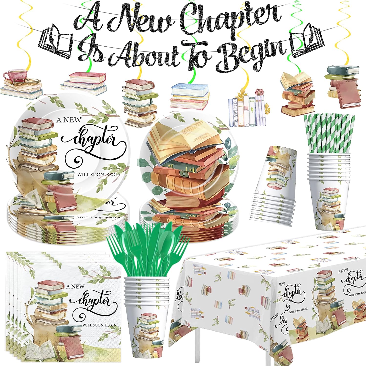 Book Theme Party Decorations Supplies, A New Chapter Storybook Baby Shower Decorations, Plate, Napkin, Cup, Tablecloth, Banner, Swirls, Cutlery, Reading Book Club Decorations, Serves 24