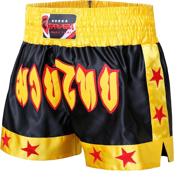 Farabi Sports Muay Thai Shorts Kickboxing MMA Boxing Training Shorts (US, Alpha, X-Large, Regular, Regular, Black/Yellow)