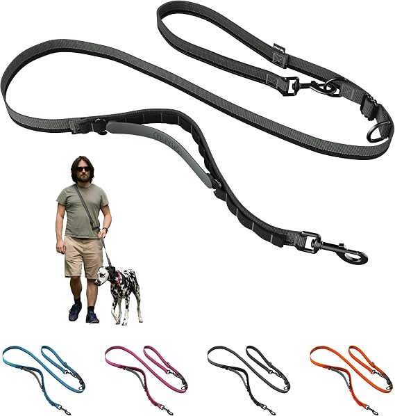 Hands Free Dog Leash - Waist or Shoulder Leash for Walking and Hiking with Medium and Large Dogs, Adjustable 4 to 6 FT Outdoor Bungee Lead with Traffic Handle by Nuvuq (18-120 lbs, Black)