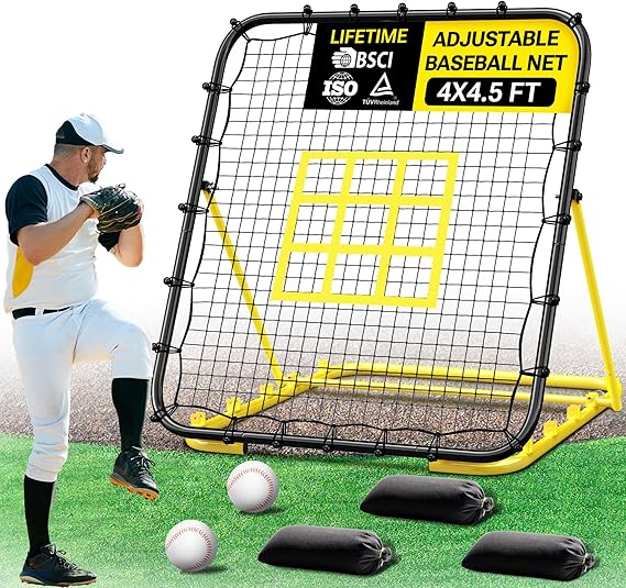 Dimples Excel 4x4.5 FT Professional Baseball Rebounder Net, Pitchback Net with 5 Adjustable Angles for Baseball and Softball Practice, Includes 2 Baseballs, 3 Sandbags and Carry Bag for Solo Training
