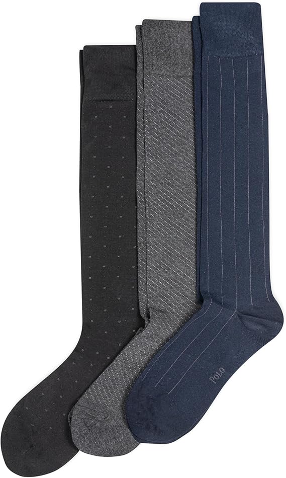 Polo Men's Striped Over the Calf Sock 3 Pair Pack, Navy/Gray, Anthracite/Gray, Black/Charcoal, Men's Shoe Size: 6-12