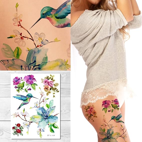 Supperb Temporary Tattoos - Spring flowers & Hummingbird