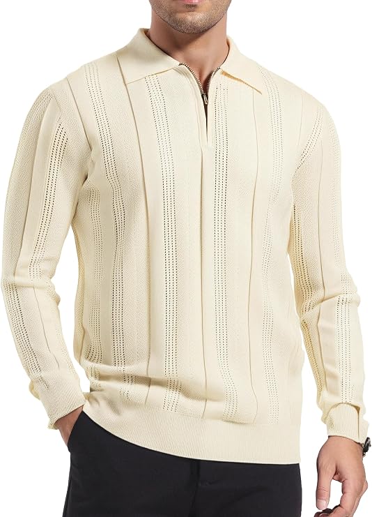 Esabel.C Mens Knit Polo Shirts Long Sleeve Ribbed Textured Polo Shirt Fashion Collared Casual Golf Shirts