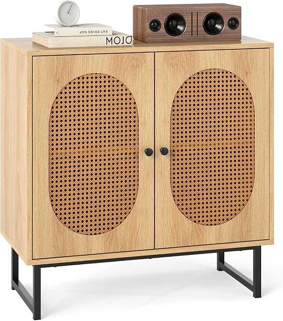 COSTWAY Rattan Storage Cabinet, 2 Door Buffet Sideboard with Adjustable Shelf & Metal Legs, Boho Wooden Bar Cabinet Cupboard Display Organiser for Kitchen Dining Living Room (Natural)
