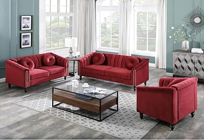 Chesterfield Velvet Sofa Couch Set ChairLoveseatSofa - Home Sofa Living Room with Nailhead Trim & 110 Reclining Back
