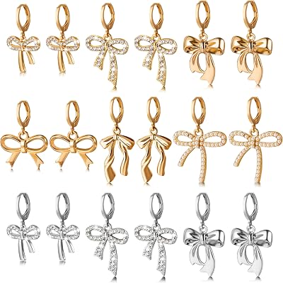 LieToi 9 Pairs Gold Rhinestone Bow Earrings for Women - Coquette Bowknot Hoop Drop Dangle Earrings Charms Silver Bow Trendy Stuff Bridal Shower Birthday Valentines Day Daily Gift